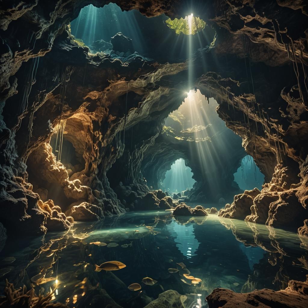 Sunlit Underwater Cave: Hyperrealistic 64 Megapixel Image