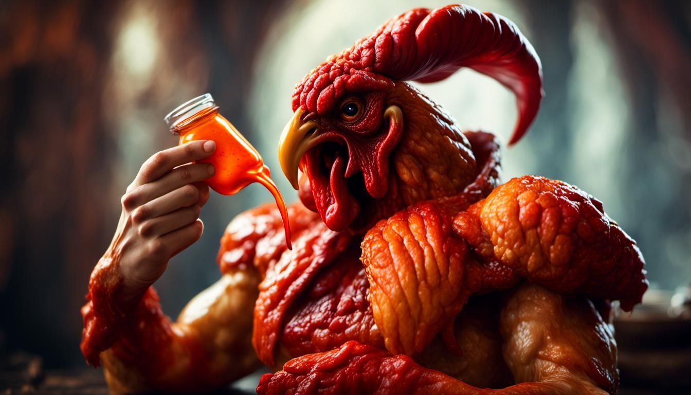 Eating a chicken wing with (Carolina Reaper:1.2) hot sauce. Extremely spicy. Gerald Brom; color graded/photorealism/cel-...