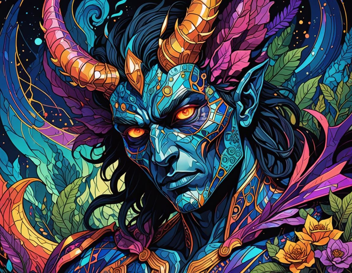 Mysterious Winged Demon Man in Vibrant, Unreal Landscape