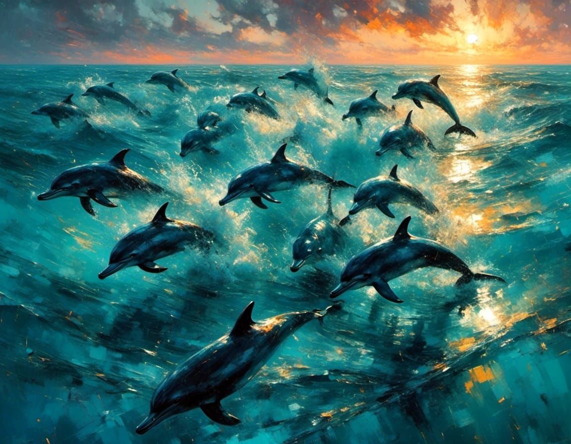 Dolphins Swimming at Sunset in Abstracted Realism Style