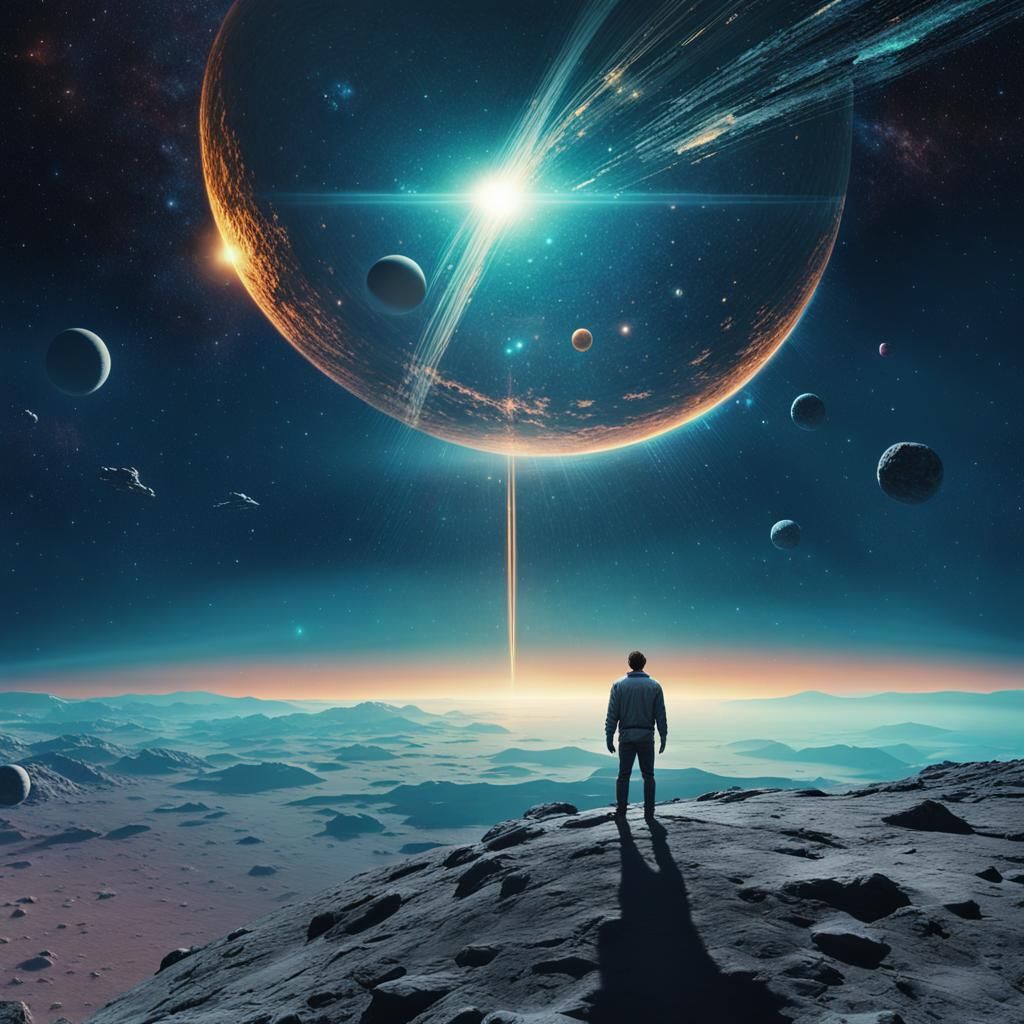 Surreal Man on Moon Gazing at Starry Cosmos