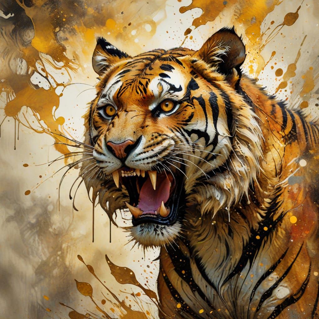 Roaring Tiger in Mixed Media Collage Style