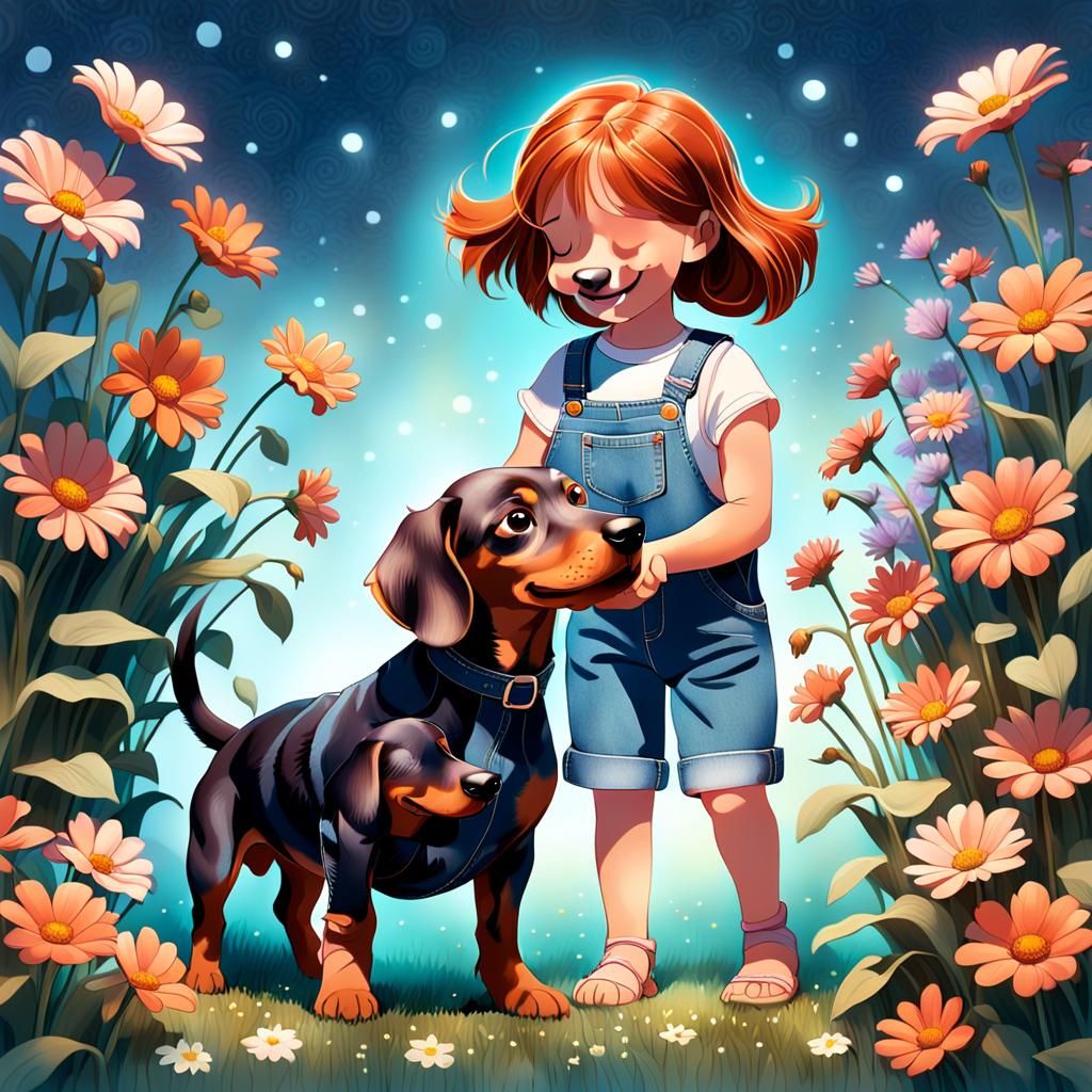 Girl with Dog in Whimsical Digital Illustration
