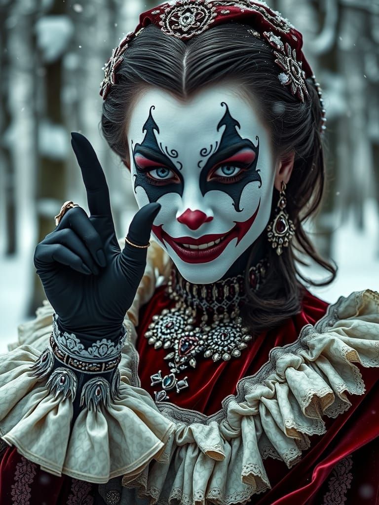 Harlequin Woman in Victorian Attire Making Silence Gesture