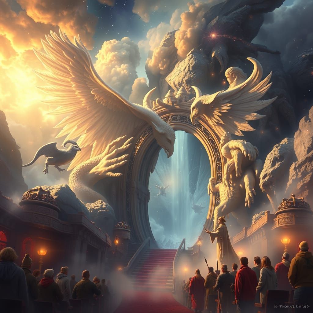 Ethereal Creatures Battle in a Thomas Kinkade Style