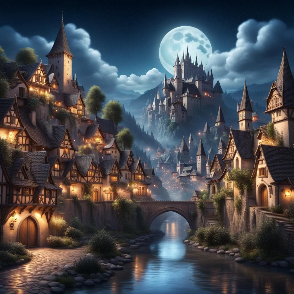 Fantasy City View at Night in Medieval Style