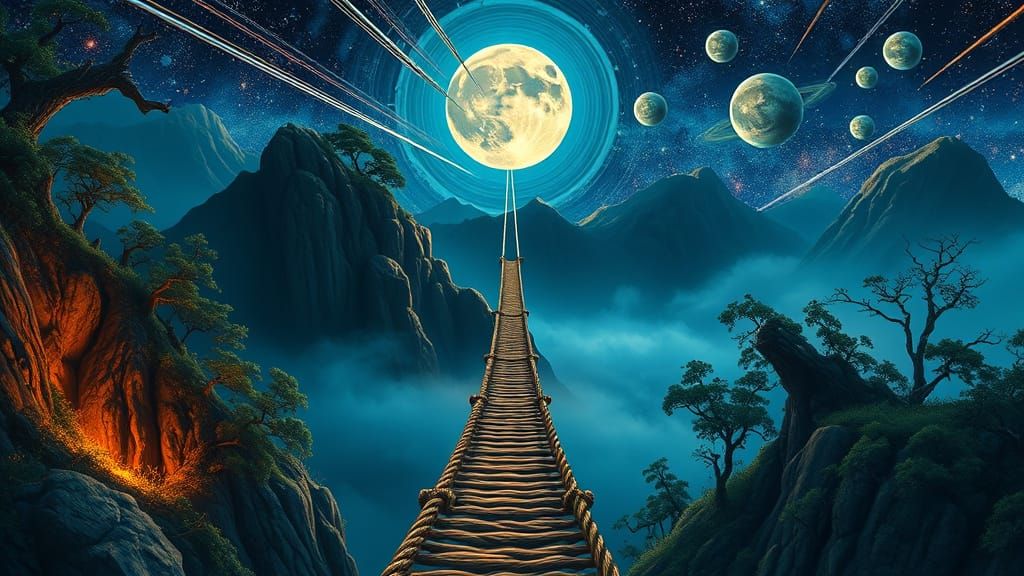 Ethereal Rope Bridge Connects Earth to Moon in Cosmic Landsc...