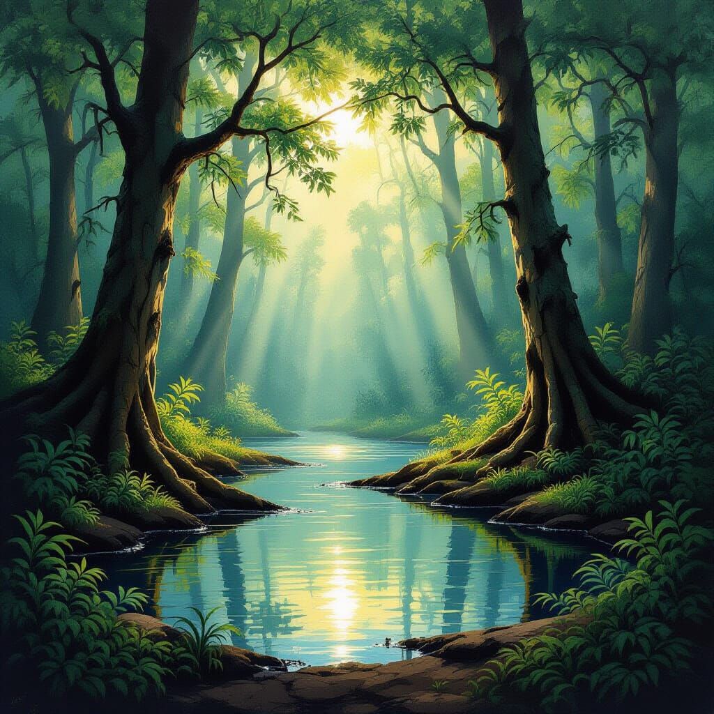 Impressionistic Sunlight Through Primeval Forest