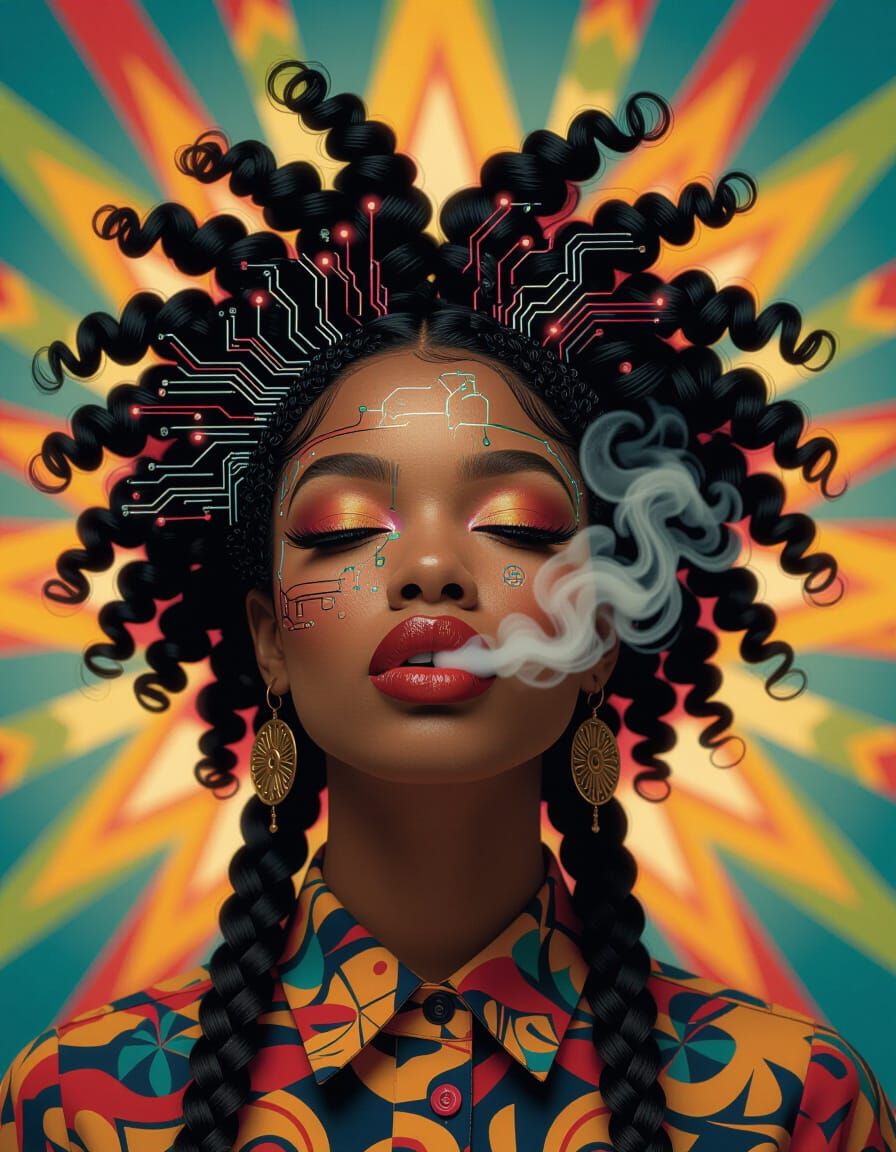 Afro-Surreal Black Woman with Glowing Braids
