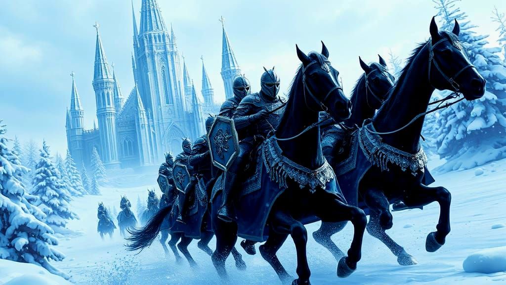 Frozen Winter Kingdom Castle Defended by Knights in Ice