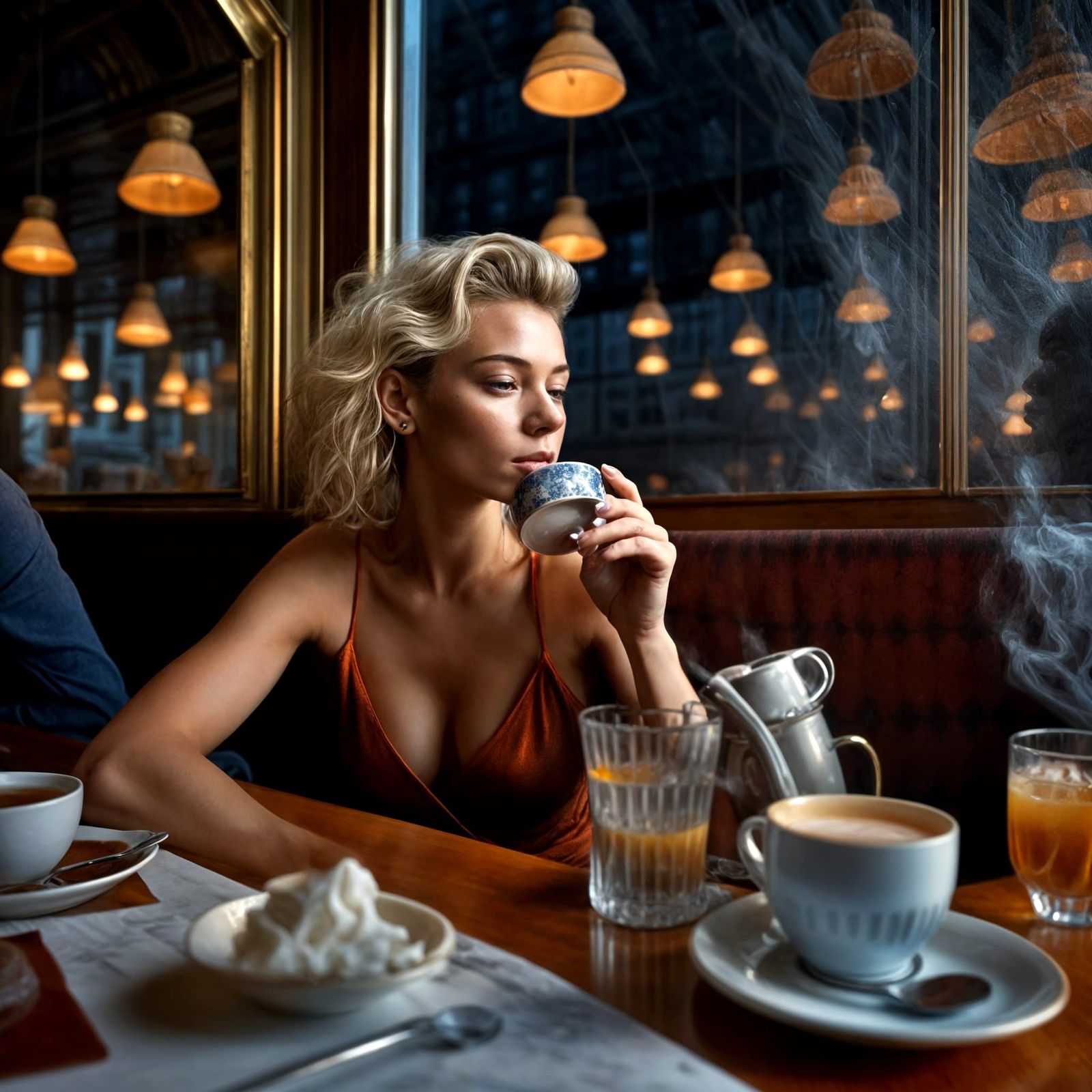 Beautiful Woman in Cafe: Photorealistic Portrait