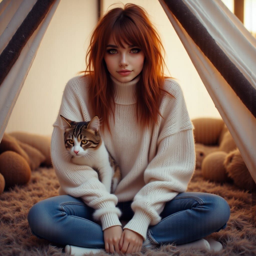 Woman Cuddles Cat in Tent