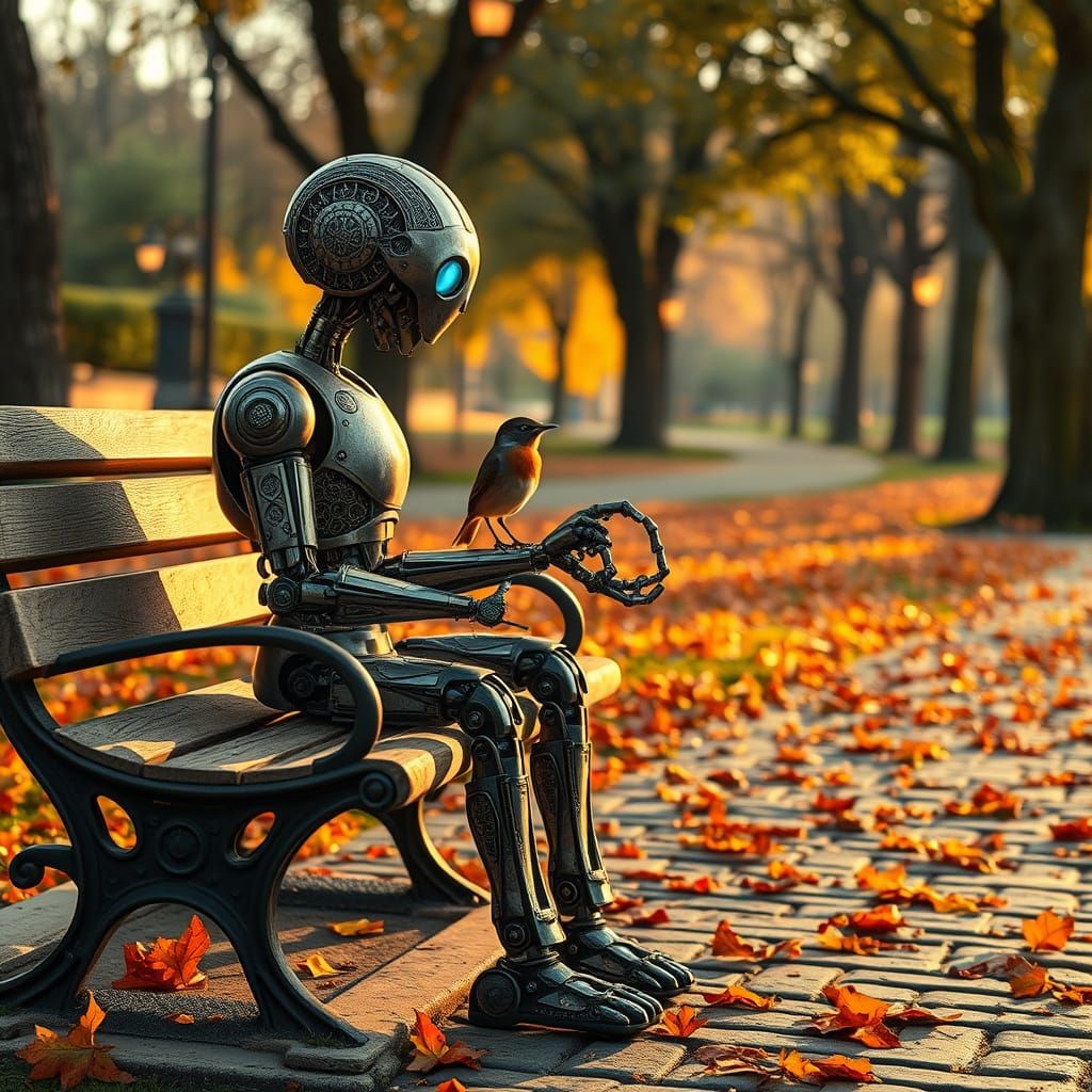 Art Nouveau Robot and Robin in Golden Autumn Light