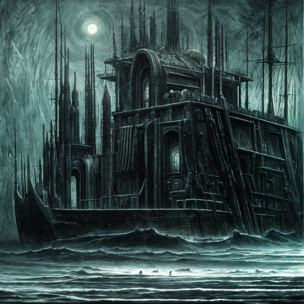 Surreal Ghost Ship at Night in Dark Style