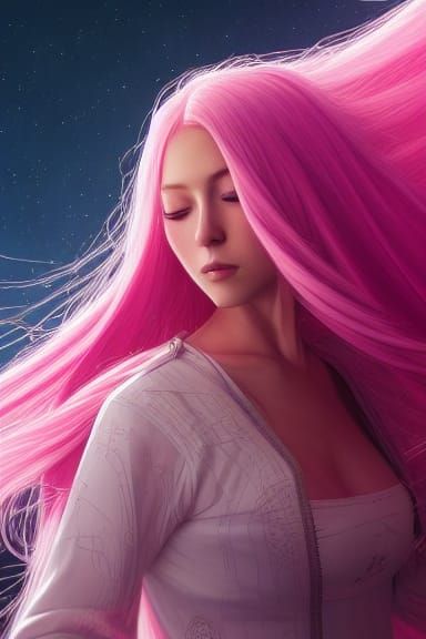 Pink-Haired Woman Drifting in Hyperdetailed Cosmic Art