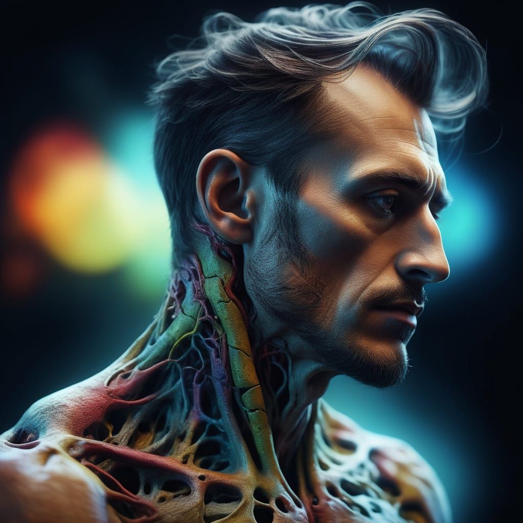 Surrealist Portrait of a Man's Neck in Vibrant, Dreamlike Co...