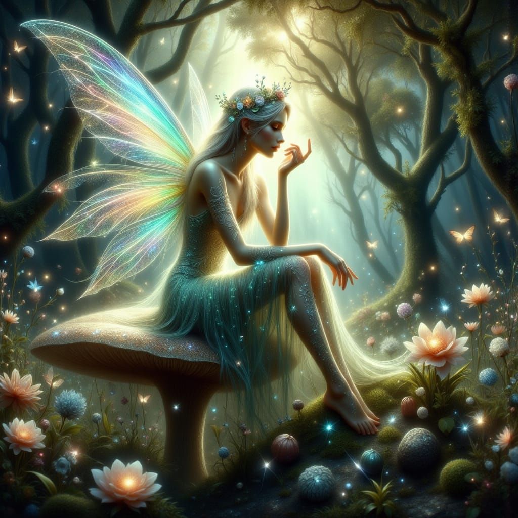 Fairy on Mushroom in Hidden Grove, Pre-Raphaelite Style