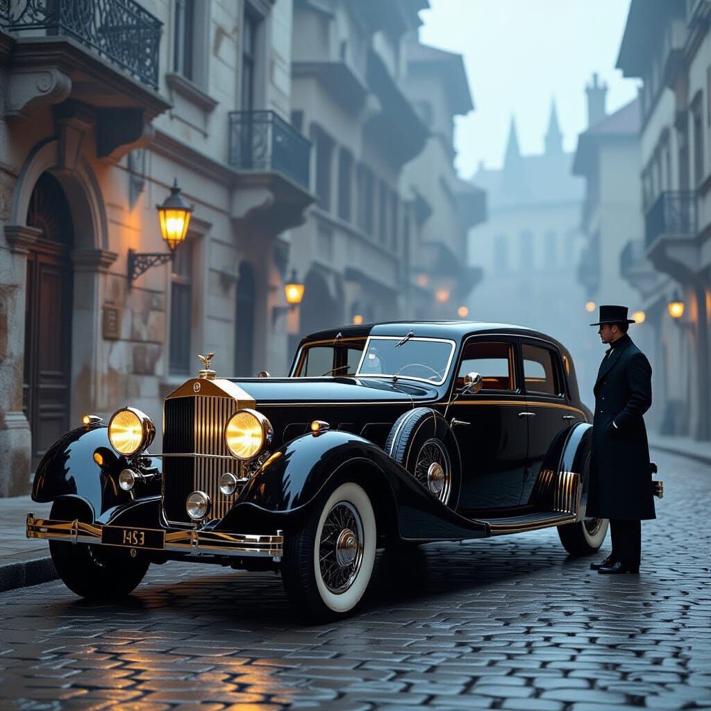 Vintage Black Car in Foggy City, Art Deco Style