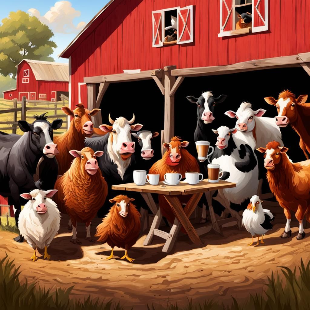 Barnyard Animals Enjoying a Coffee Break