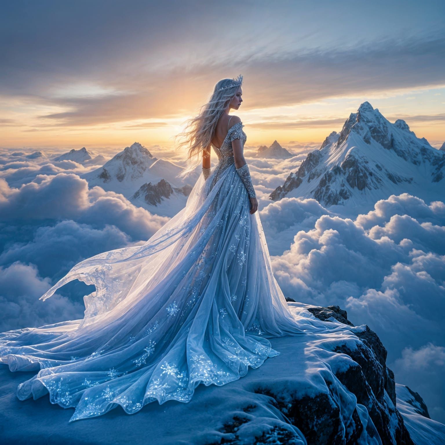 Fantasy Queen in Flowing Glass Dress on Mountain Peak at Daw...