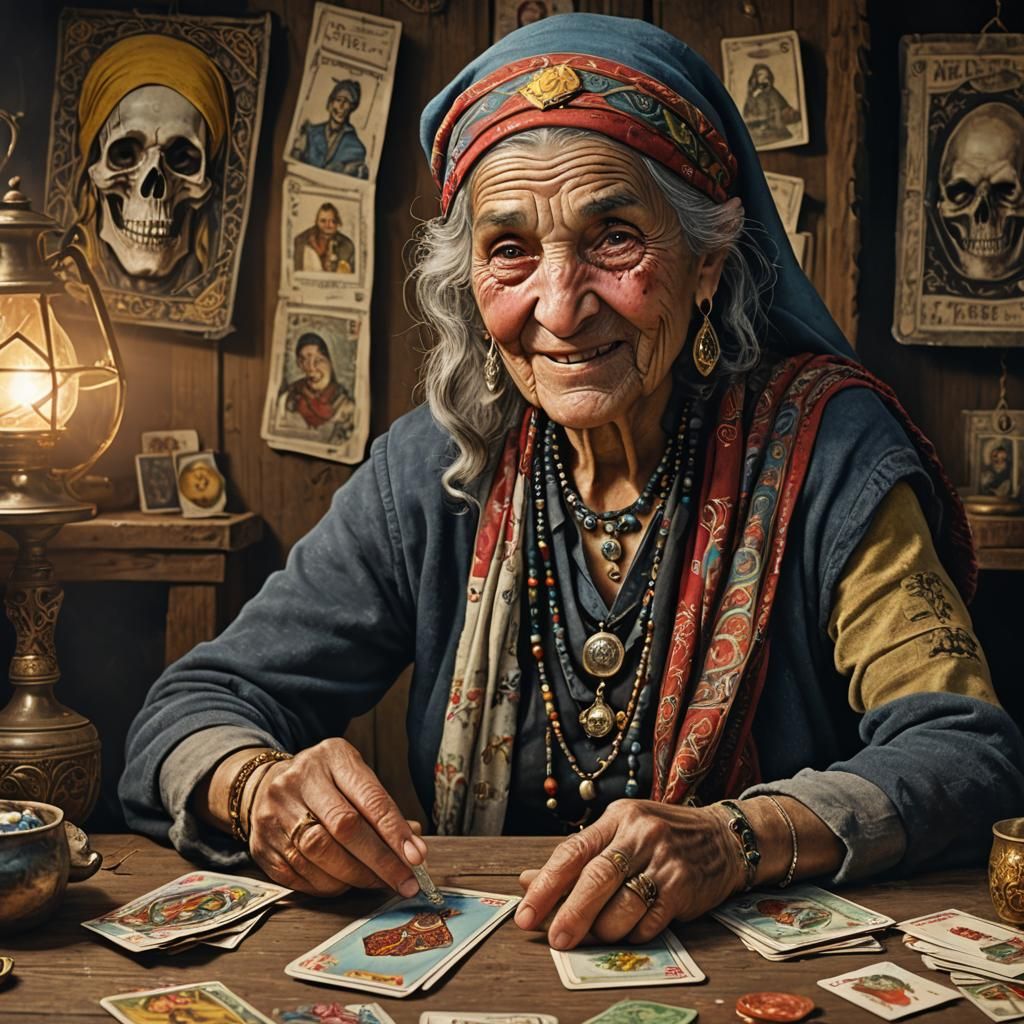 A close up of an elderly gypsy woman dealing tarot cards on a table. She is grinning wickedly and her hand, holding the ...