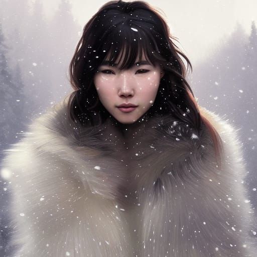 Attractive Inuit Girl Portrait in Sunny Snowy Woods