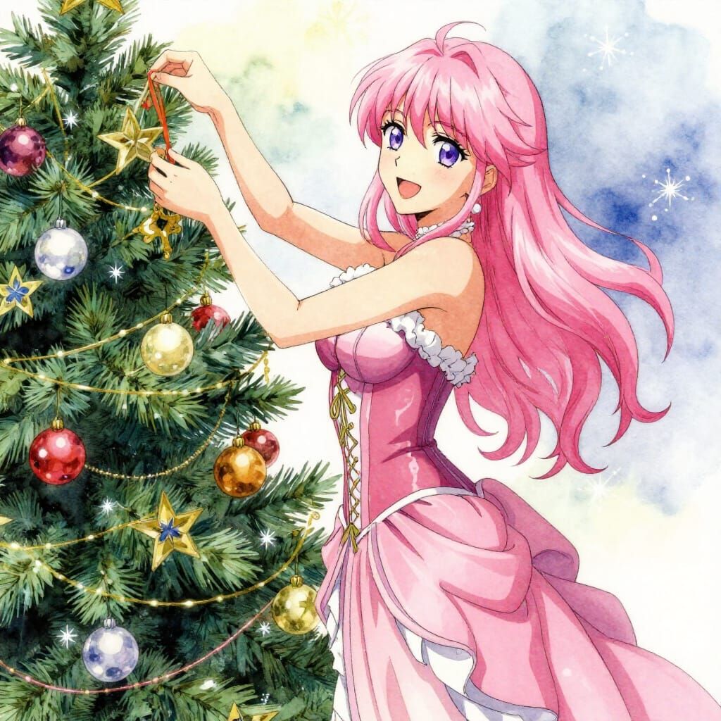 Anime Woman Decorating Christmas Tree in Watercolor Style
