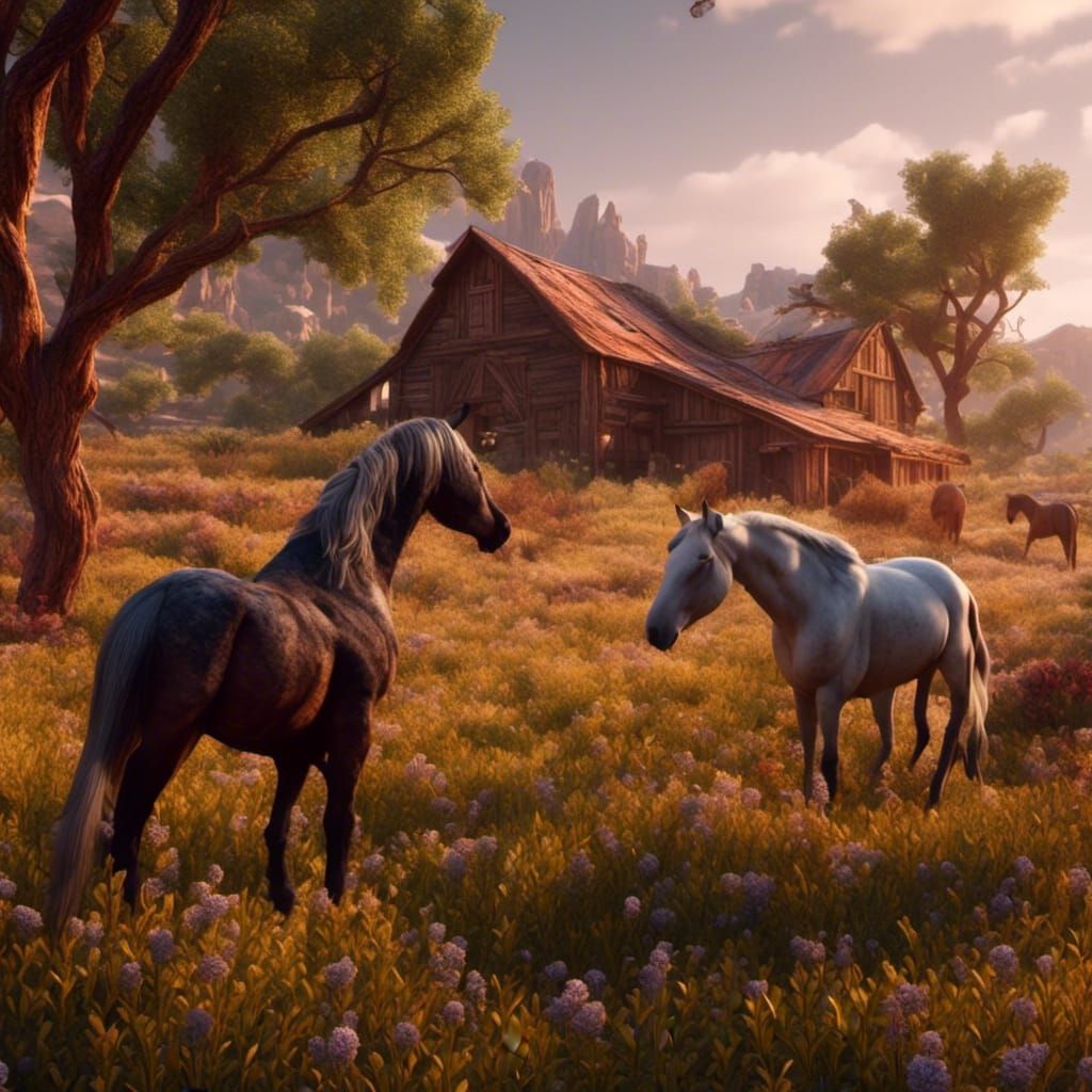 Horses in Pasture: Detailed Matte Painting