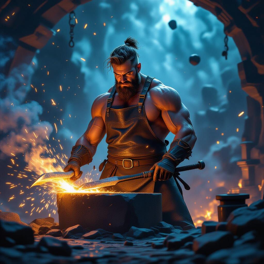 Cosmic Blacksmith Forging Weapons in Nebula Forge