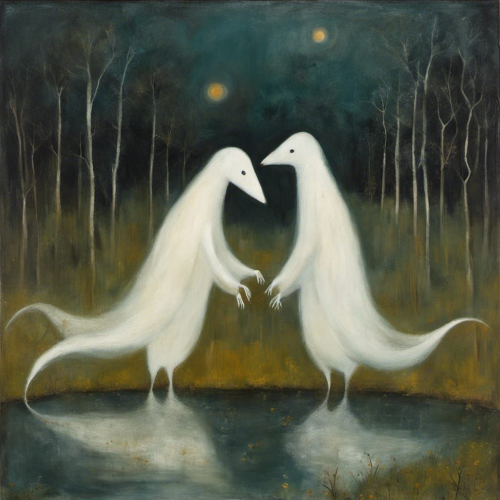 Ghosts Dancing on a Swamp in Magical Realism Style