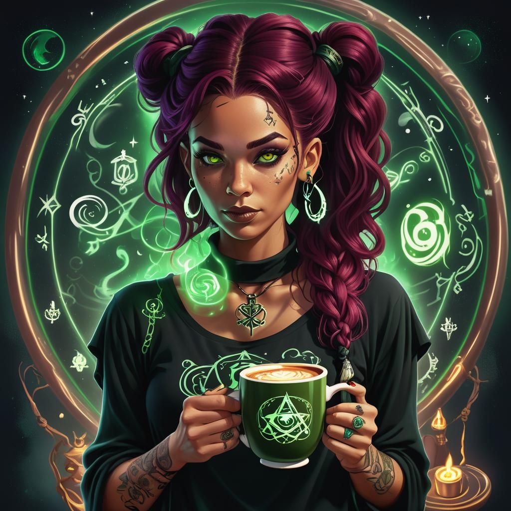Sassy Witch with Magical Coffee, Digital Illustration