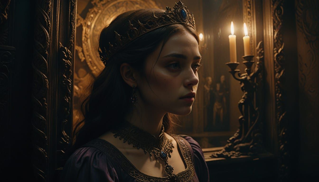 Ethereal Princess in Ancient Mirror's Golden Glow