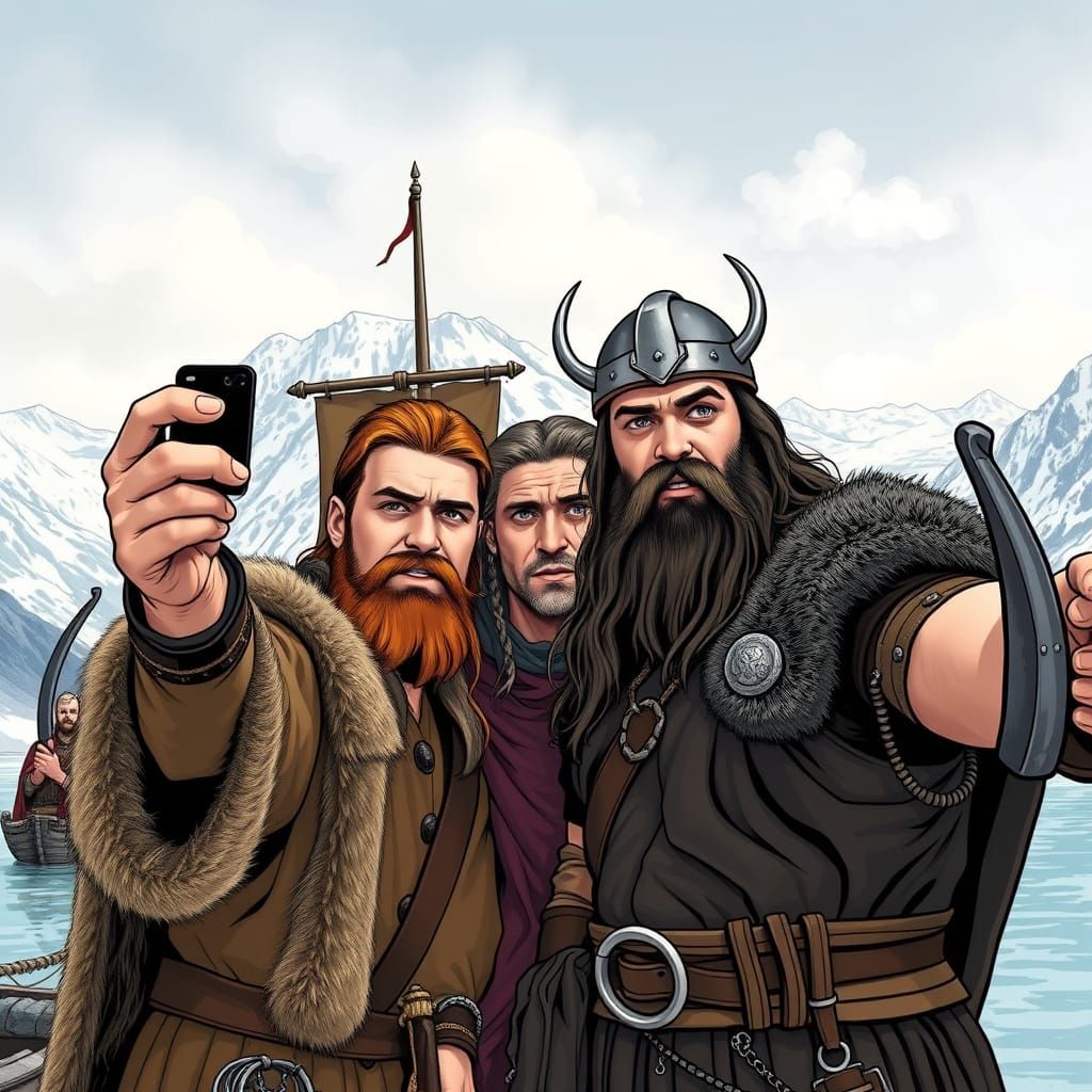 Vikings Selfie with Long Boat, Comic Book Art