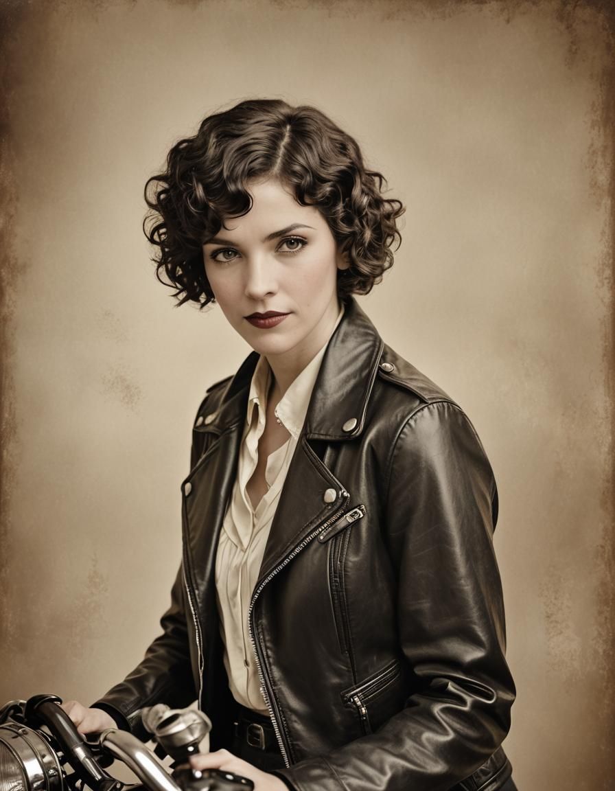 1920s Woman in Leather Jacket, Sepia Tone Photography
