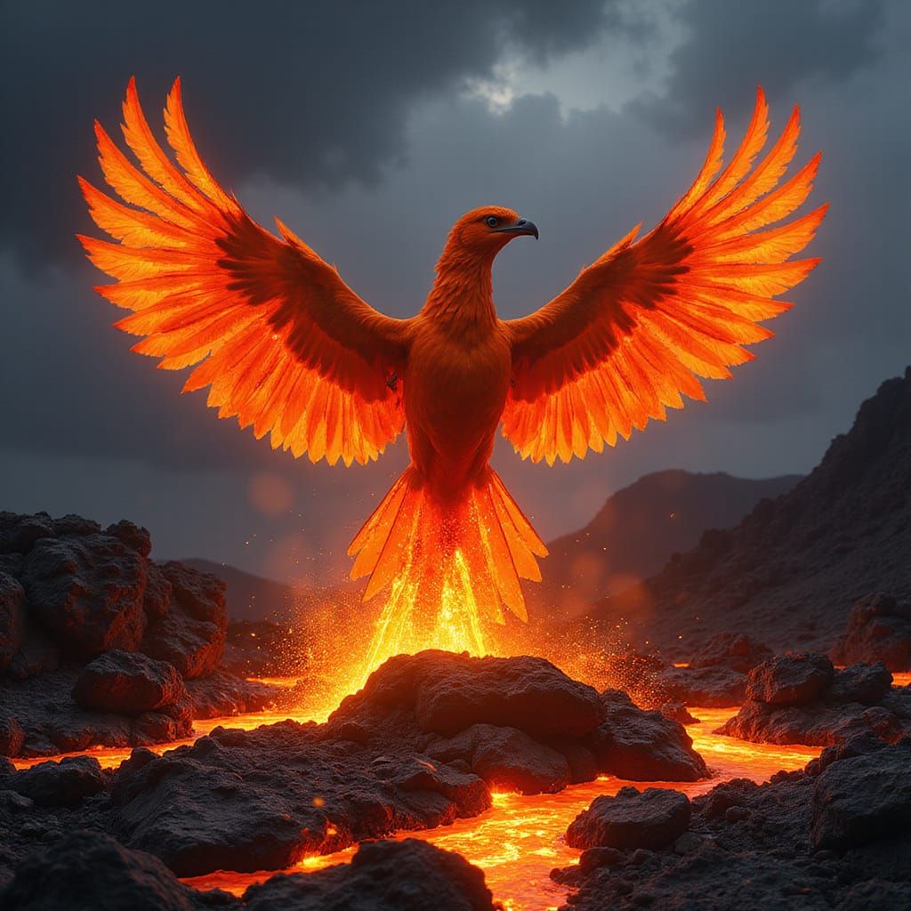 Phoenix Emerges from Lava Hell in Vibrant, High-Contrast Col...