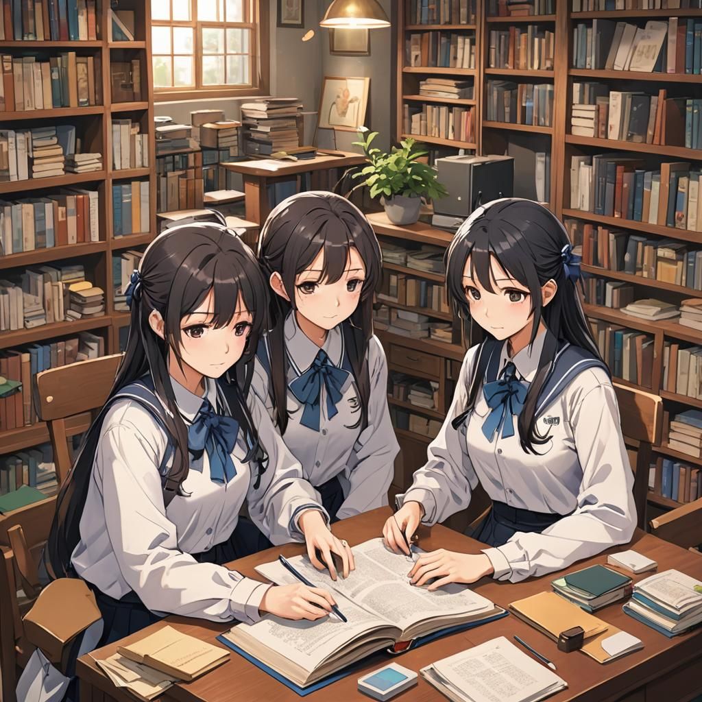 Anime Style: Three Girls Studying Together