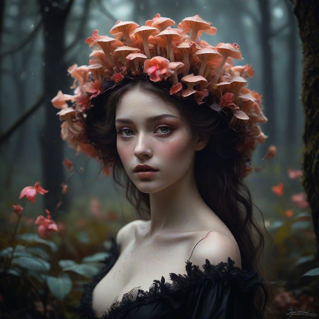 Maiden in Mystical Floral Crown amidst Whispers of Enchanted...