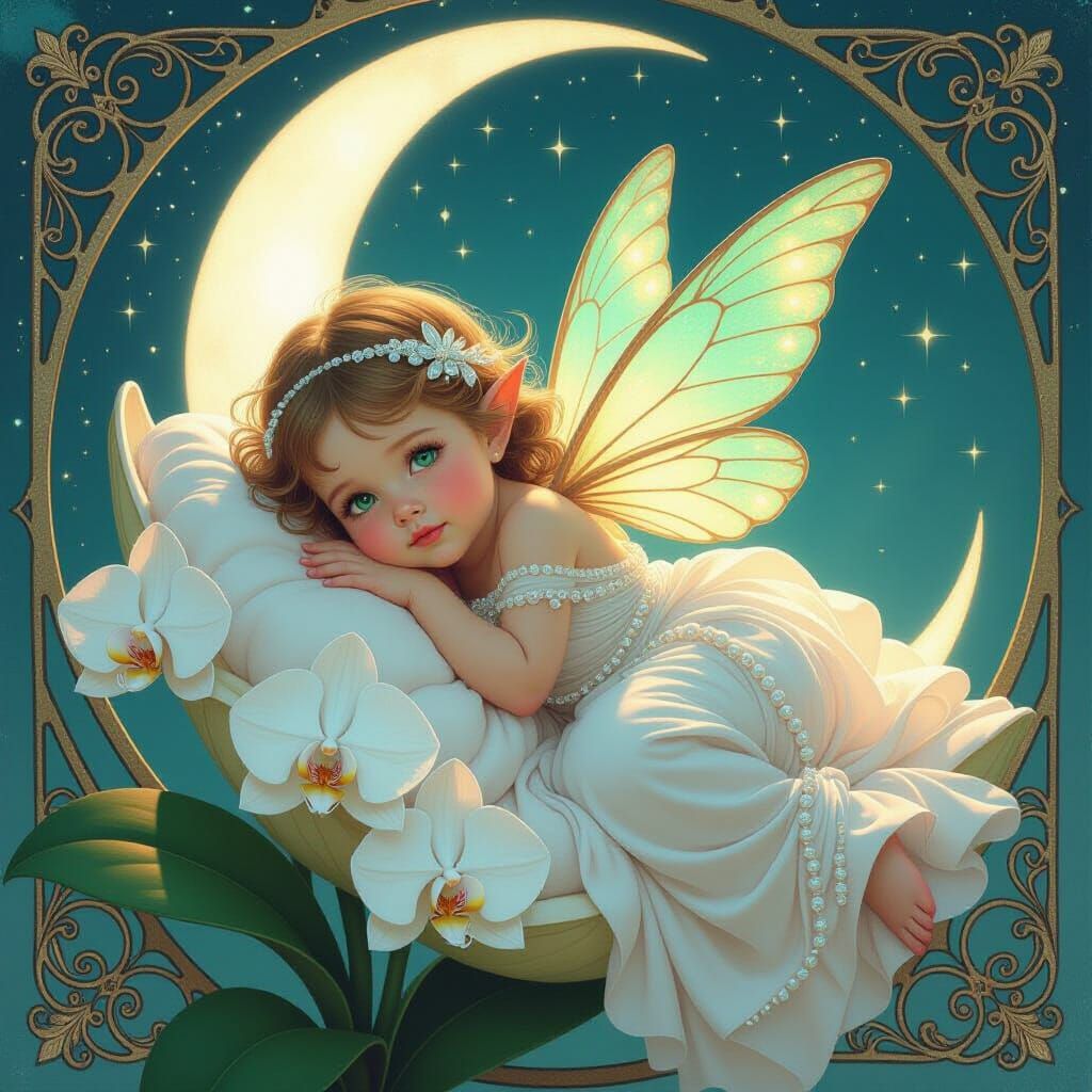 Baby Fairy in Orchid, Art Nouveau Style
