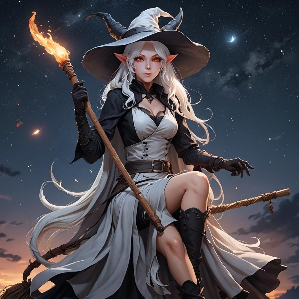 Tiefling Witch Soaring Through the Night Sky