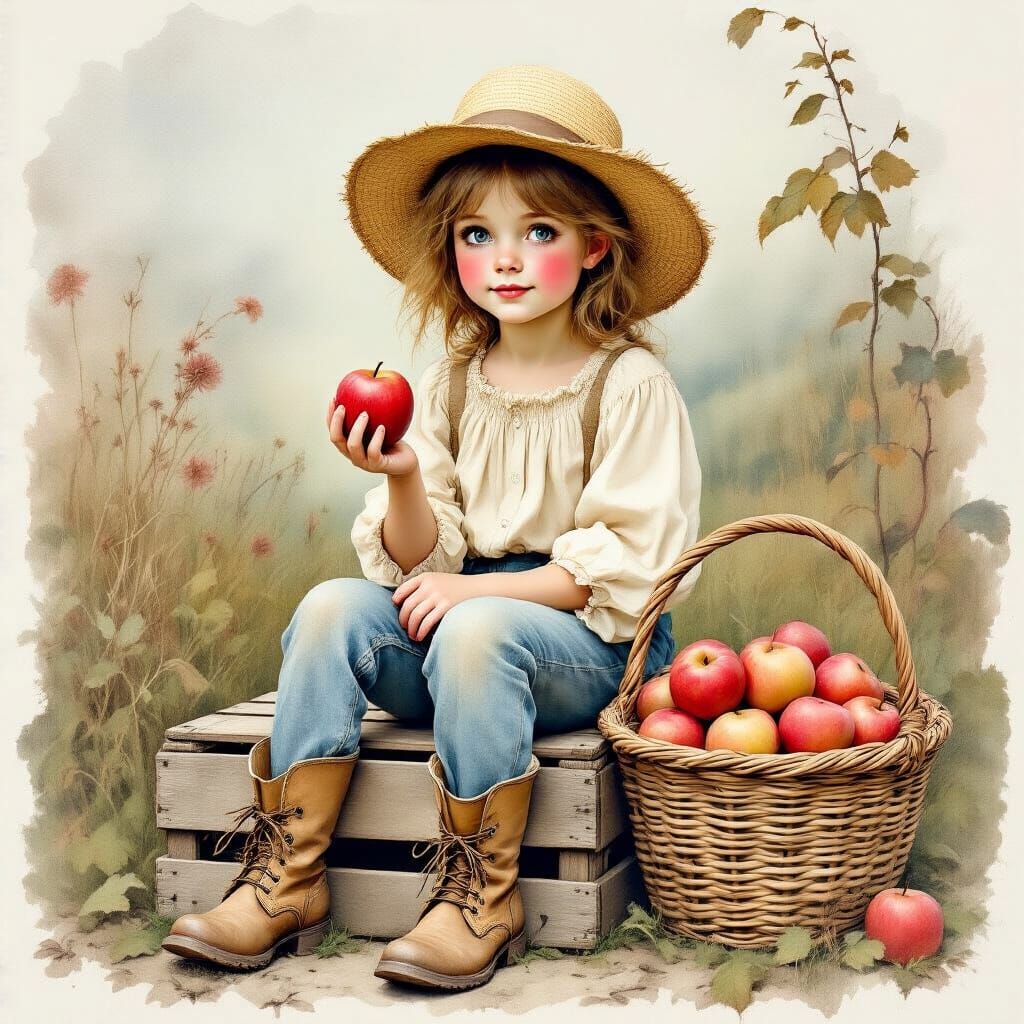 Girl with Apple in Vintage Watercolor Style