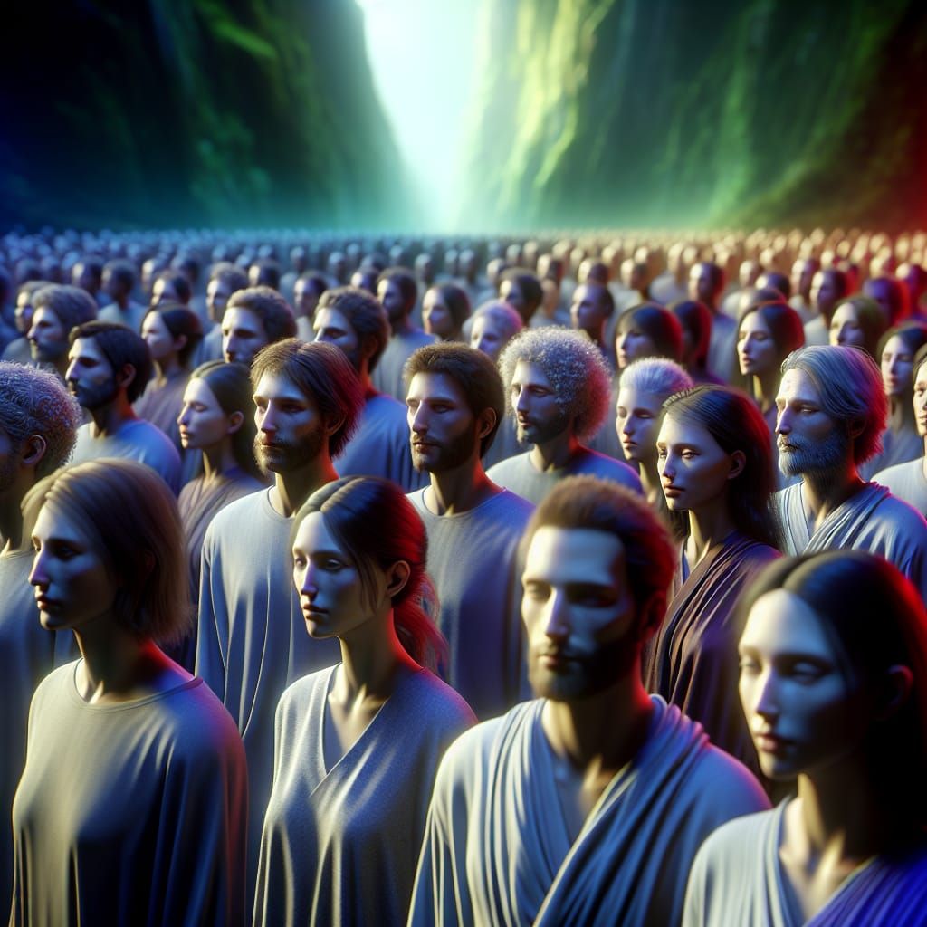 Peaceful Crowd in Tranquil Valley: Hyperrealistic Depiction