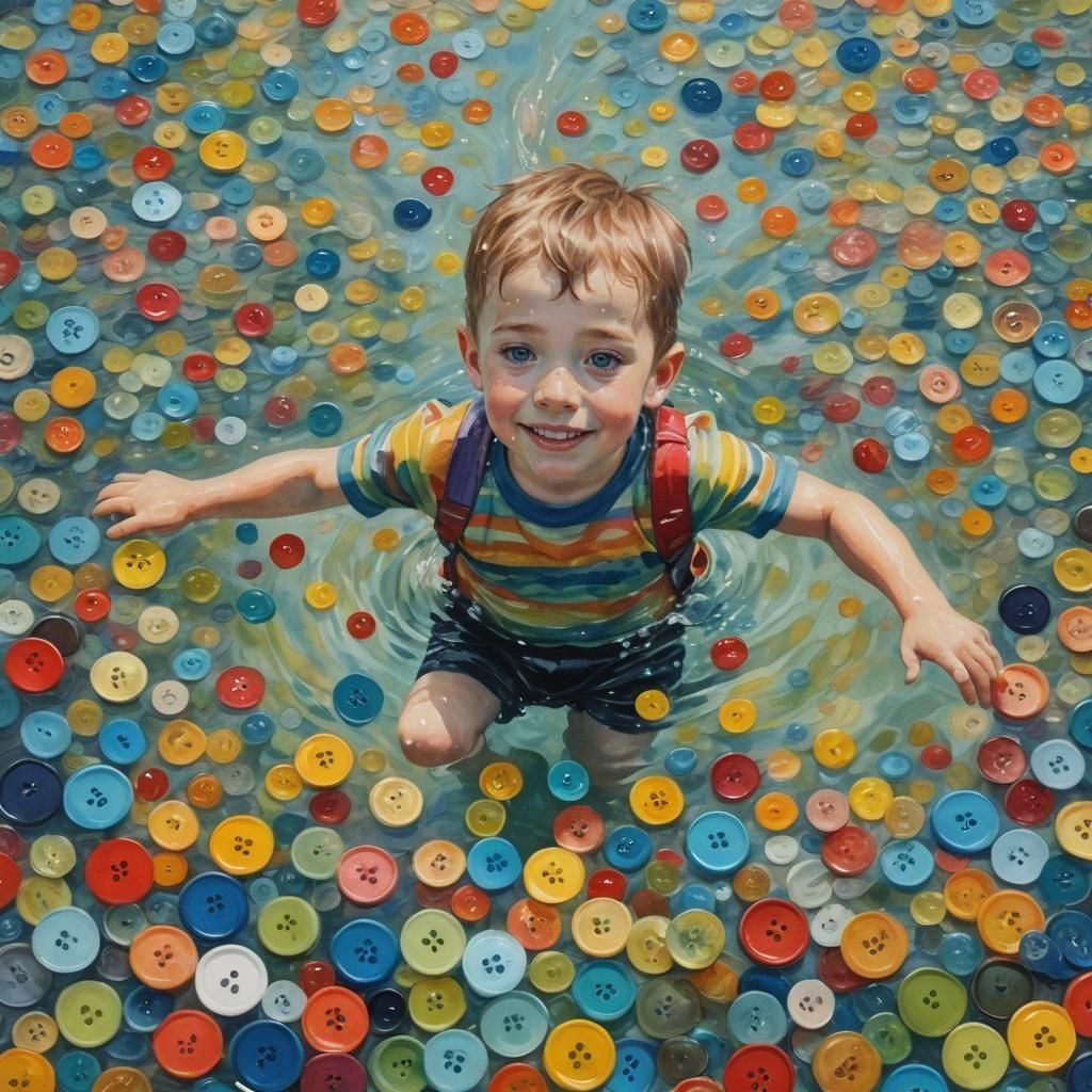 Boy Swimming in Button River: Pastel Watercolor Painting