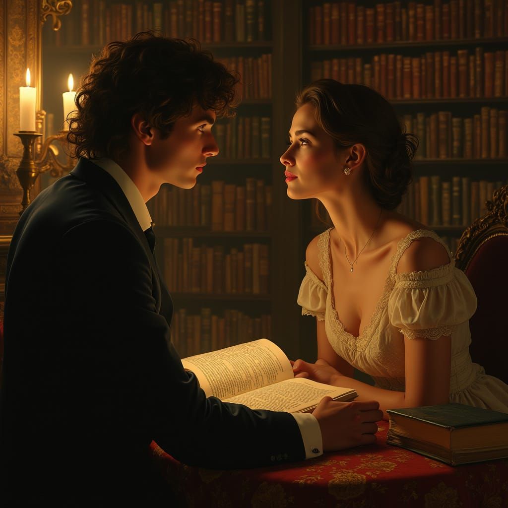 Dreamy Beauty Enthralled by Poetic Lover in Intimate Salon