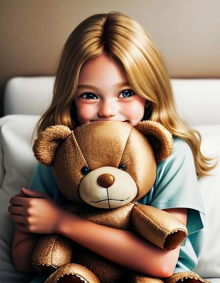 Precious Girl Snuggling Teddy Bear Before Bedtime
