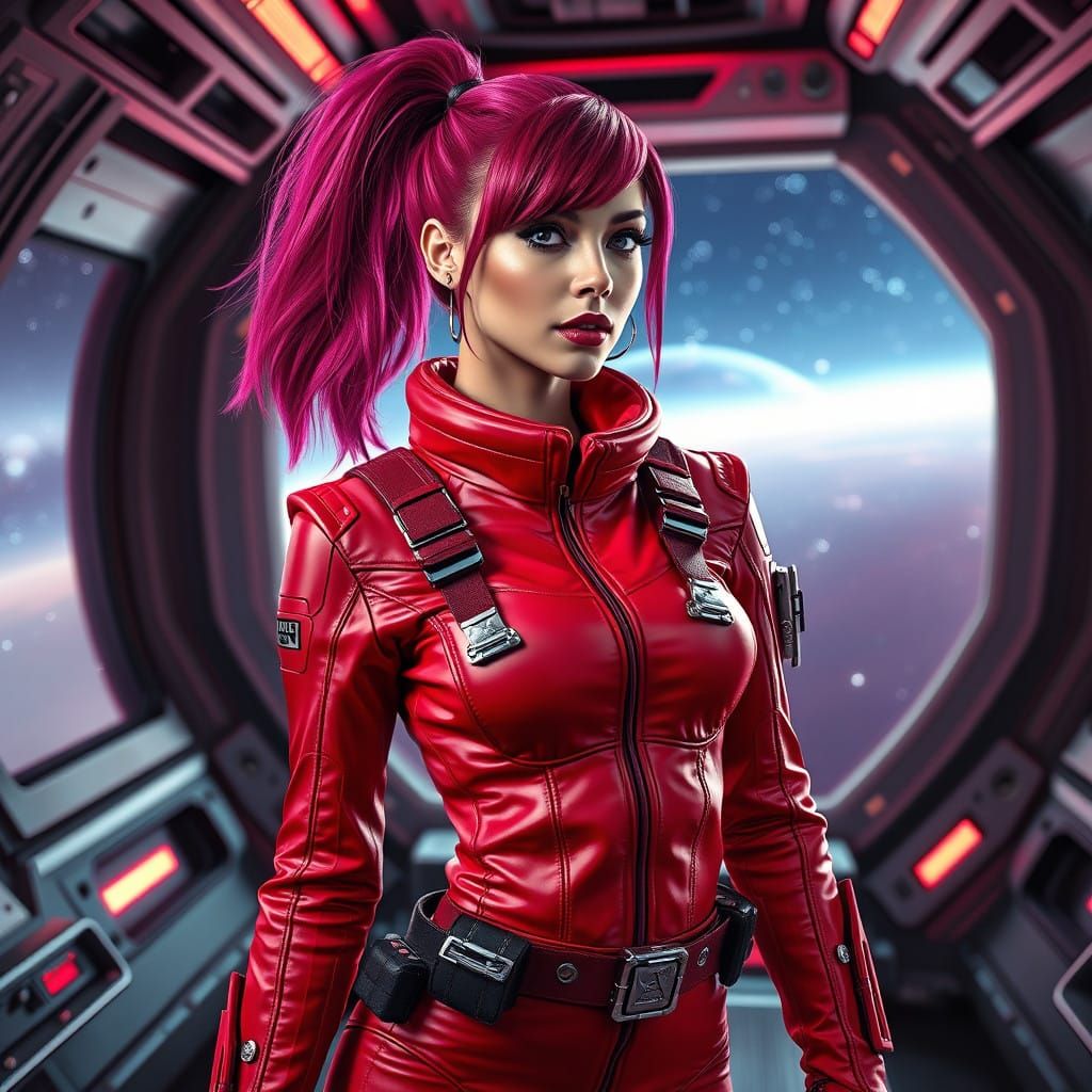 Elegant Woman in Red Futuristic Spacesuit, Magenta Hair, Spa...