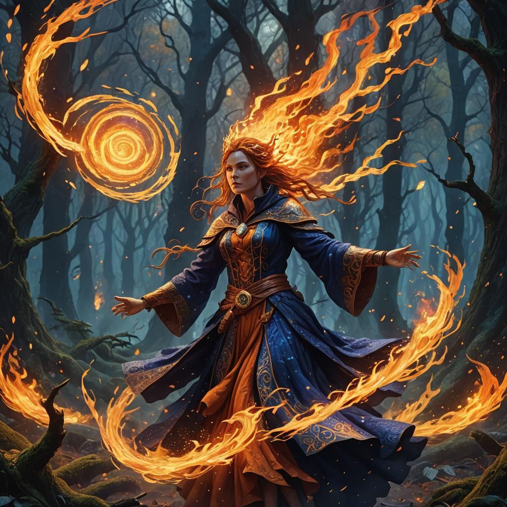 Fiery Sorceress in Mystical Forest Concept Art