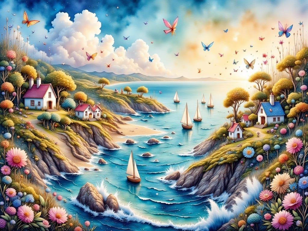 Whimsical Coastal Scene in Watercolor and Embroidery Style