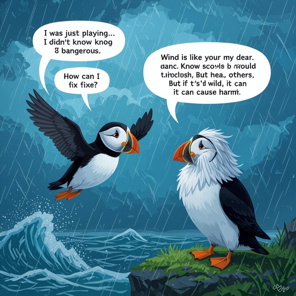 Scared Puffin Flies to Uncle Puffin in Stormy Sky