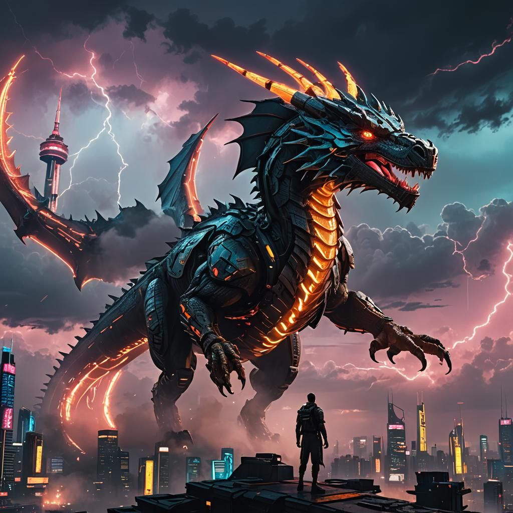 Cyberpunk Earth Dragon Soaring Through Neon Clouds