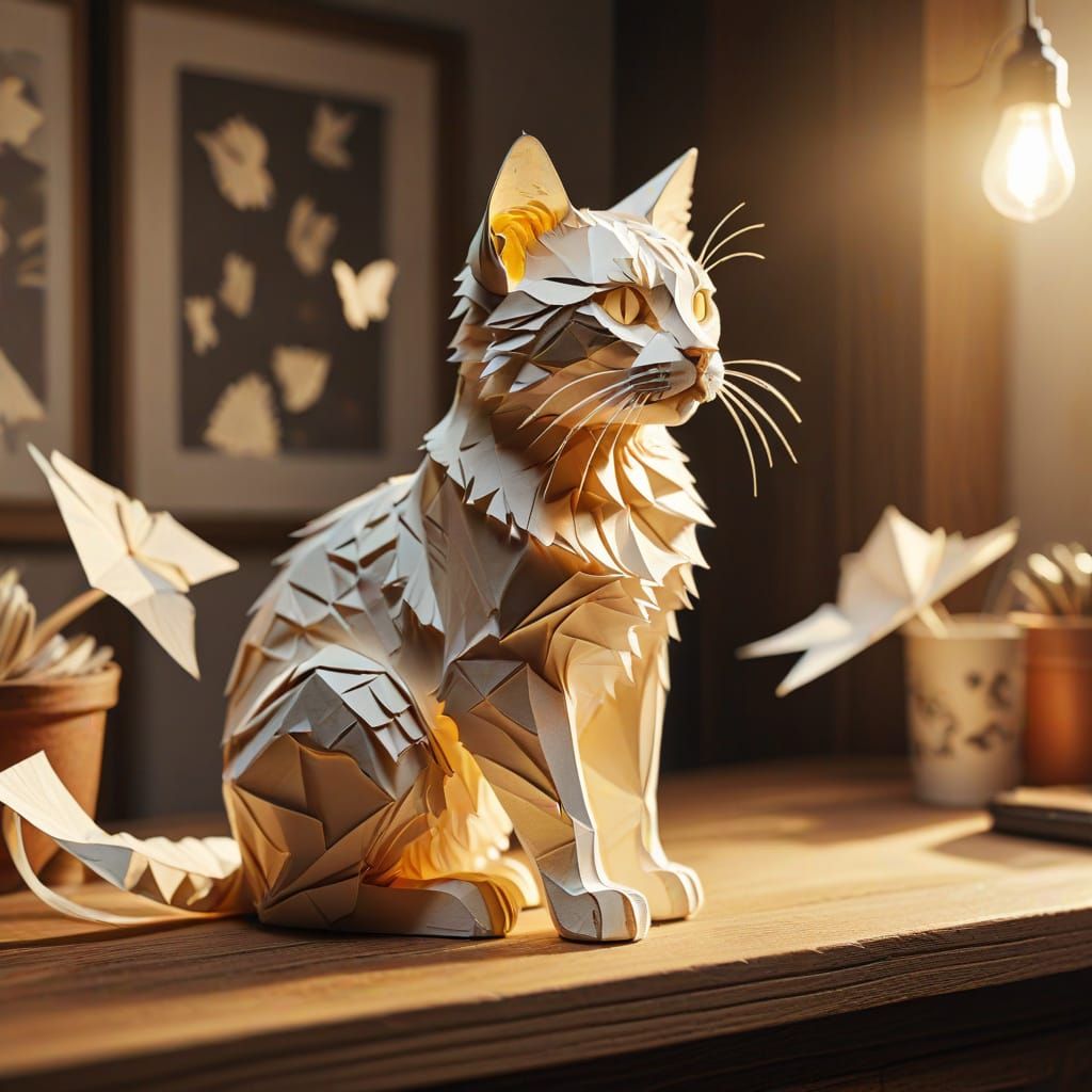 Whimsical Paper Cat in Vintage Study